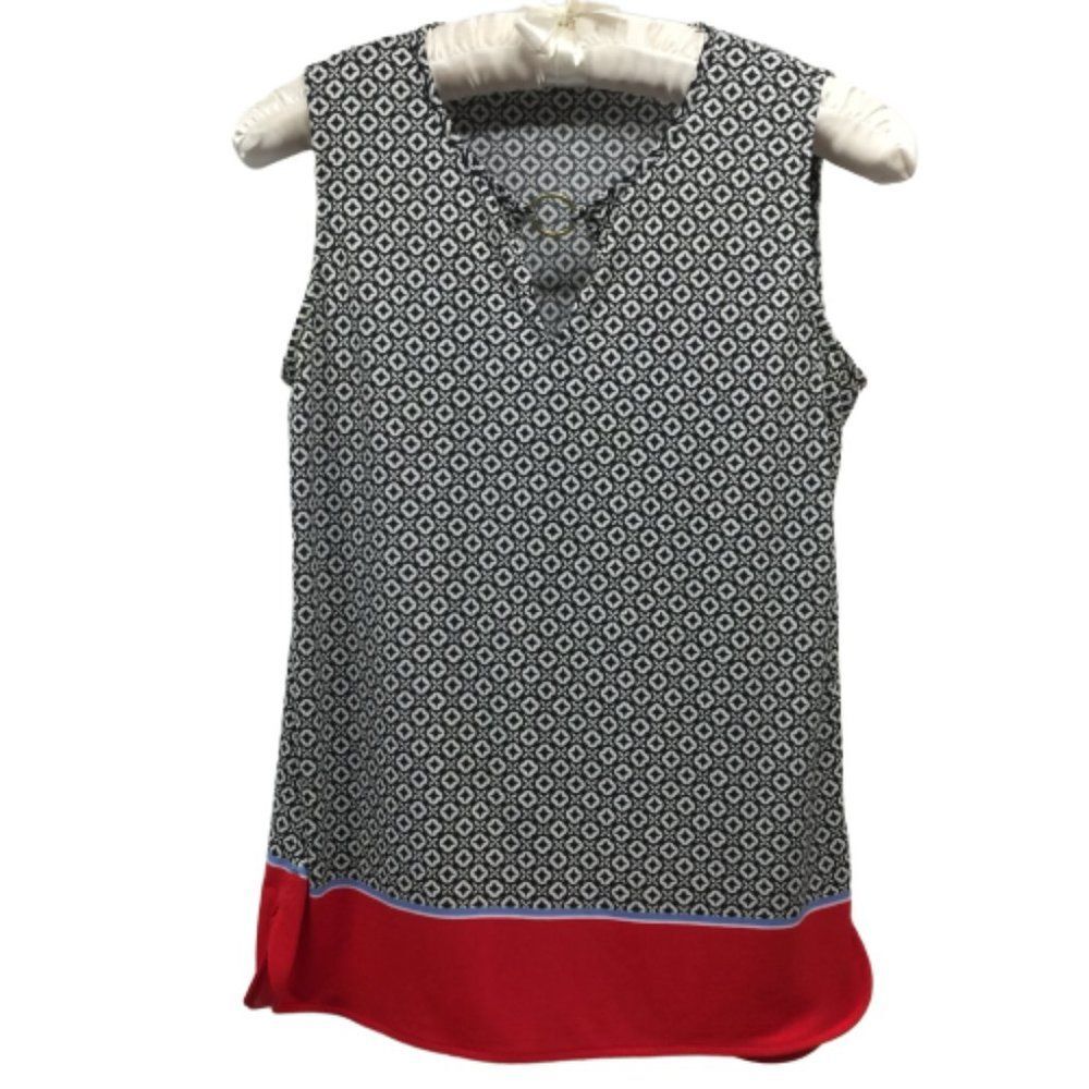 JONES NEW YORK Black Geometric Red Trim Sleeveless Modified V-Neck Top S